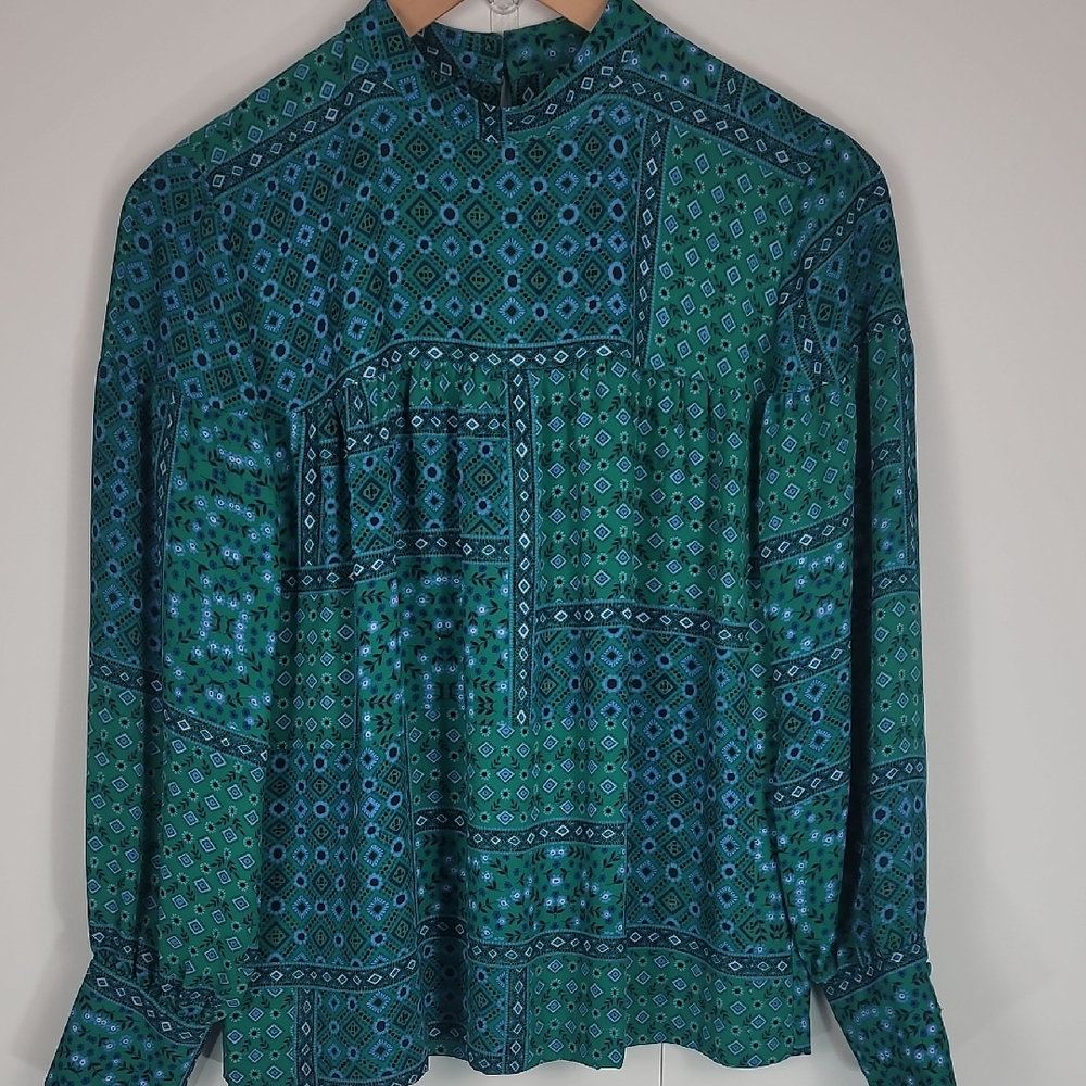 LOFT Teal and Navy Geometric Blouse
